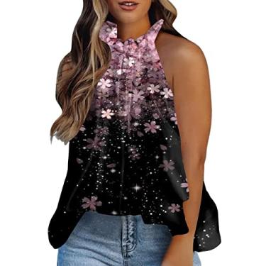 Imagem de Regatas femininas frente única ajuste solto verão sem mangas sexy estampa floral camiseta casual, rosa, XXG