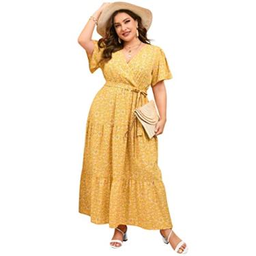 Imagem de ShopWonder Vestido feminino plus size com decote em V, cintura alta, babados, vestido casual de verão com cinto, Flor branca amarela, XXG