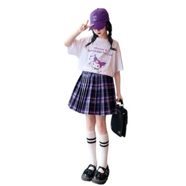 Imagem de Conjunto de 2 peças para meninas, blusa de manga curta e saia xadrez de desenho animado, camiseta anime Kuro-mis saia plissada japonesa, Branco, 130cm