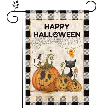 Imagem de RTKHFZE Feliz Dia das Bruxas, bandeira de jardim, 30,5 x 45,7 cm, dupla face, bandeira externa, abóbora, fantasma, teia de aranha, mini quintal, bandeiras de jardim para jardim, pátio, gramado,