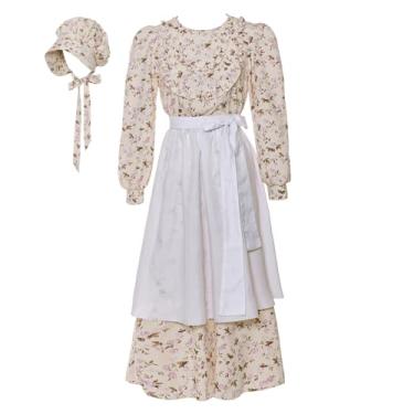 Imagem de Mikan Tsumiki Vestido colonial feminino fantasia pioneira vestidos pradaria vestido floral peregrino, bege, médio