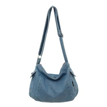 Imagem de LIZHAOCAI Bolsa de ombro jeans casual estilo retrô bolsa tiracolo conveniente alça de ombro ajustável, Azul claro