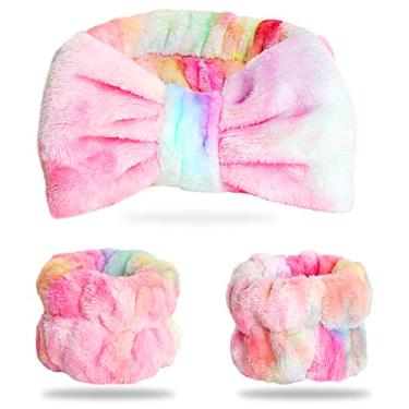Imagem de WSYUB Faixa de cabeça e pulseiras de spa, faixa de cabeça de maquiagem e toalhas de pulso para lavar o rosto, bandanas de arco felpudo, faixas de cabeça faciais macias, artigos de festa do pijama para cabelo para banho