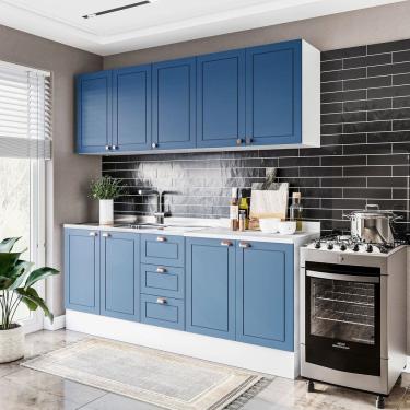 Imagem de Cozinha Pérola com Rodapé 4 Peças Aéreos com 5 Portas, Balcão 2 Gavetas 3 Portas e Balcão 2 Portas Y Branco/Azul