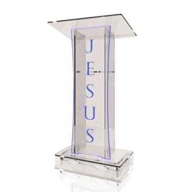 Imagem de Púlpito em Acrílico para Igreja e/ou Eventos com Gravação e Led grátis Mod. Rute Transparente (Tradicional, Moderna ou Sem Gravação) Cores em Led. (Grav. "Jesus" Tradicional, LED AZUL)