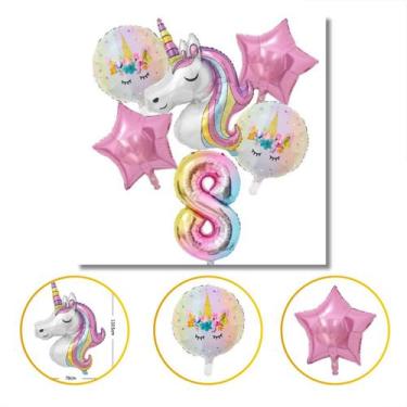 Imagem de Kit Balão Unicórnio 5 Anos Bexiga Número aniversário menina decoração 