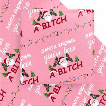 Imagem de WRAPAHOLIC Folha engraçada de papel de embrulho de Natal - 6 folhas de papel de embrulho rosa rude de Natal Papai Noel sabe que você foi um Bixxh para mulheres de namorada de inverno - 40 cm x 70