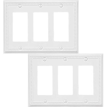 Imagem de OKAWYC Capa decorativa tripla para interruptor de luz, placa de parede de metal com contas Belaire, pacote com 2, branco, 3 gangs, balancim triplo, tampa para interruptor regulador, tomada GFCI, placa