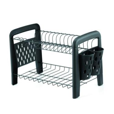 Imagem de Escorredor De Louca P/ 16 Pratos Duplo Preto Porta Talheres - ANTAU