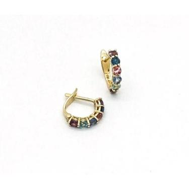 Imagem de Brinco Argola Ouro Maciço 18k 7mm 12 Pedra Natural Colorida k4 - Fab J