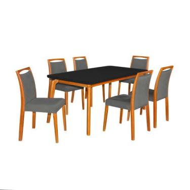 Imagem de Mesa Jantar Luxo Jade 160x90cm Preto com 6 Cadeiras Estofadas Linho Ch