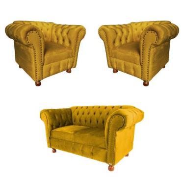 Imagem de Um Sofá 2,30cm + Duas Poltronas Chesterfield Luiz XV SUEDE - Novo Enca
