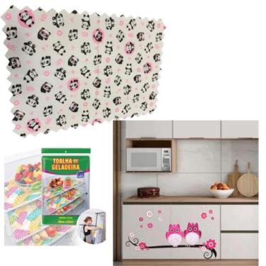 Imagem de Kit Adesivos Coruja Rosa C073 + 3 Toalhas de Geladeira Panda - Pra vc