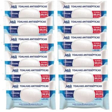 Imagem de Lenço Umedecido ou Toalhas Antissépticas Mili  12 pacotes c/ 50 (total