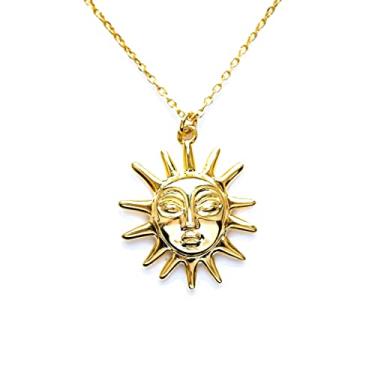 Imagem de COLORFUL BLING Colar gargantilha de duas correntes com lua e sol, com pingente de opala de girassol, presente para mulheres, Liga, Liga metálica.