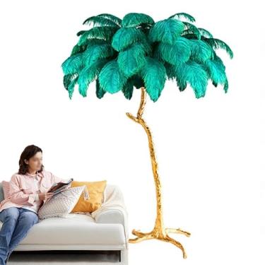 Imagem de Candeeiro de piso de penas de avestruz natural, corpo de resina dourada, lâmpada de LED regulável para o chão, plumas, lâmpadas de cabeceira, iluminação de leitura, lâmpada de ângulo alto com pedal