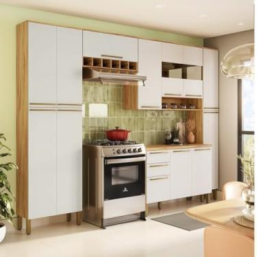 Imagem de Cozinha Modulada Completa 5 Peças 13 Portas 2 Gavetas com Tampo e Vidro Reflecta 100% MDF Itália Espresso Móveis Amêndoa/Off White