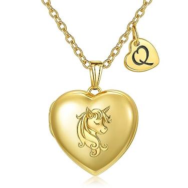 Imagem de YOUFENG Colar com medalhão de unicórnio com letra de coração, medalhão com inicial que guarda imagens banhado a ouro 18 K, presentes de aniversário, Aço inoxidável, Zircão