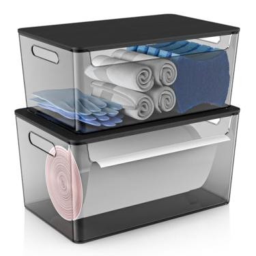 Imagem de COAZEX Pacote com 2 suportes de saco de lixo empilháveis embaixo da pia, dispensador de saco de lixo de plástico com tampa, suporte de rolo de armazenamento de saco de lixo para cozinha, despensa,