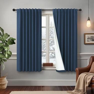 Imagem de Cortinas de 137 cm de comprimento para quarto masculino decoração de quarto escurecimento aba traseira plissada blackout cortina isolada de linho para sala de estar banheiro ampla azul escuro azul