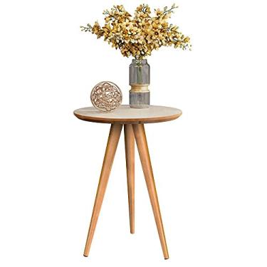 Imagem de Mesa Tampo Redonda Mesinha Madeira de Apoio Lateral Sofá Sala Estar Decoração Escritório Wood Palito Retrô (Offwhite/Freijó)