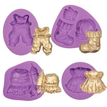 Imagem de Moldes para fondant de silicone para chá de bebê, conjunto de 4 peças, moldes de chocolate para vestido, moldes de fondant de garrafa de macacão, designs de acessórios de inverno, roxo, para decoração