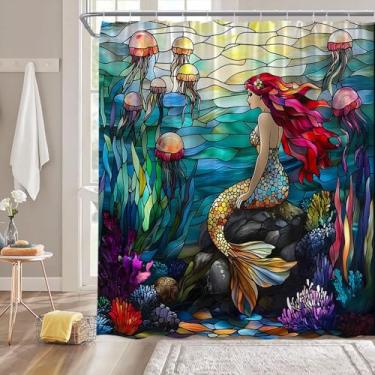 Imagem de Cortina de chuveiro de sereia de vitral vintage oceano azul mundo subaquático linda sereia água-viva coral tecido náutico decoração de banheiro cortina com ganchos, 177 x 177 cm (LxA) polegadas