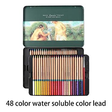 Imagem de Conjunto de lápis de desenho solúvel em água de 48 cores fino da Marco Renoir para pintura em madeira de latão atóxico, desenhador de arte com caixa de ferro.