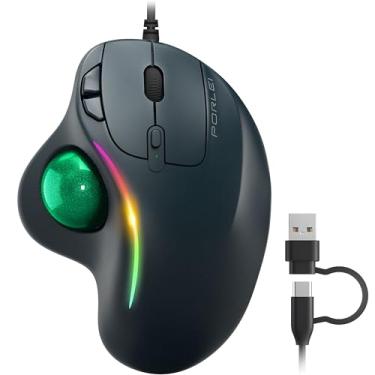 Imagem de Mouse trackball com fio, design ergonômico confortável reduz a tensão muscular, fácil controle do polegar, rastreamento preciso com 5 opções de DPI, interface dupla USB-C/USB-A compatível com PC