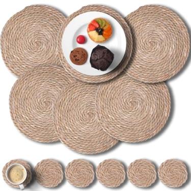 Imagem de NiHome Conjunto de 12 jogos americanos e porta-copos de tecido, 6 grandes de 30 cm + 6 pequenos de 10 cm, tapetes de mesa resistentes ao calor feitos à mão para jantar, cozinha, sala de estar,