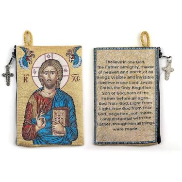 Imagem de Bolsa para Terço Católico, Jesus Rei do Universo e I Believe in God Prayer, 10 x 15 cm Bolsa para Joias e Moedas com Cruz, Pequena Bolsa de Ícone de Tapeçaria de Rosário Católico para Joyería