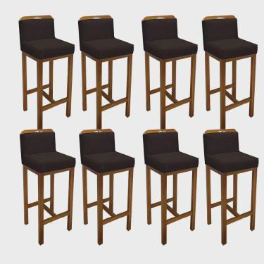Imagem de Kit 08 Banqueta Alta Com Encosto Simon Cozinha Balcão Bistrô Base Madeira Carvalho Tecido Sintético Marrom - Ahz Móveis