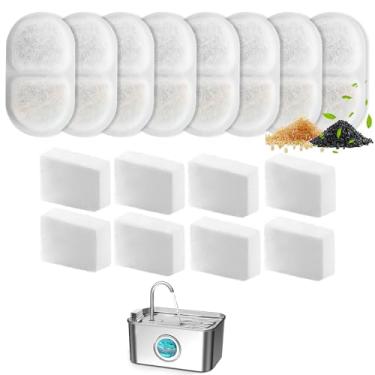 Imagem de 16 peças de substituição de filtros de fonte para cães e gatos compatíveis com FUKUAMRU fonte de água para gatos de 3,2 L/3,061 g, conjunto de 8 cartuchos de carbono ativado e espuma para bebedouros