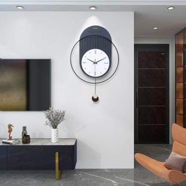 Imagem de FILLOVE Relógio de parede decorativo grande com pêndulo para sala de estar, ponteiros de metal, mostrador branco com destaque laranja, relógio de parede de metal silencioso para sala de estar, quarto