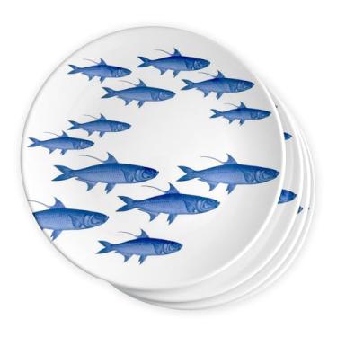 Imagem de Caskata Pratos de jantar de melamina School of Fish, conjunto de 4 | Pratos de jantar para entretenimento e uso diário | Perfeito para casa, praia, piscina e presentes | Cor azul sobre branco | 26 cm
