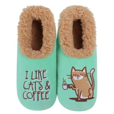 Imagem de Snoozies Meias Pantufas Em Pares - Engraçadas Para Mulheres, Antiderrapantes, Gatos Peludos E Café, Tamanho Médio