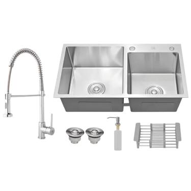 Imagem de HOLTTER, Kit Cuba Dupla Gourmet Inox 304 antirruído com Torneira Monocomando com Ducha Spray mais Acessórios Pia Cozinha Moderna Completa embutir ou sobrepor com compatibilidade com triturador