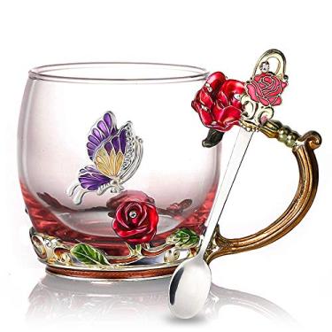 Imagem de Caneca de café de vidro para copo de chá com flor de chá, Red Short, 12 ounce