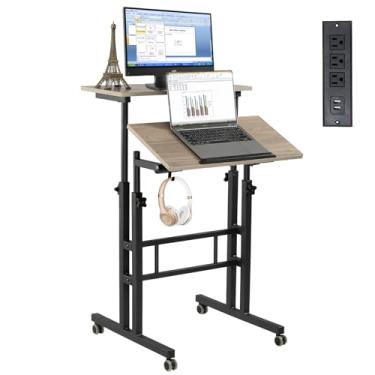 Imagem de Hadulcet Mesa Móvel Com Estação De Carregamento, Mesa De Computador Ajustável, Carrinho Ajustável Para Laptop Com Rodas Para Escritório Em Casa, Sala De Aula, Cinza Claro