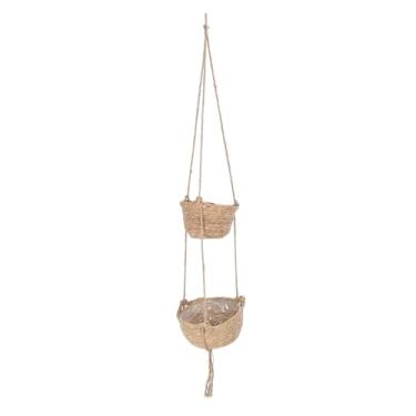 Imagem de Cesta de Suspensão de Tecido, 2 Camada de Palha Rústica Decoração de Cesta de Plantador para Plantas, Frutas, Sala de Estar, Vaso de Flores Pendurado na Parede ou Organizador de
