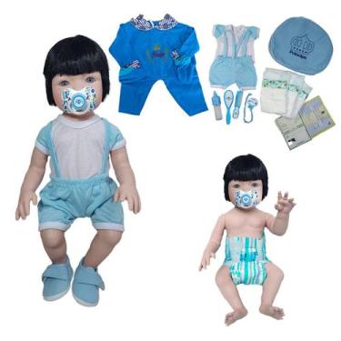Imagem de Boneco Bebê Reborn Silicone 2 trocas + 19 Itens azul escuro - Mamãe Re