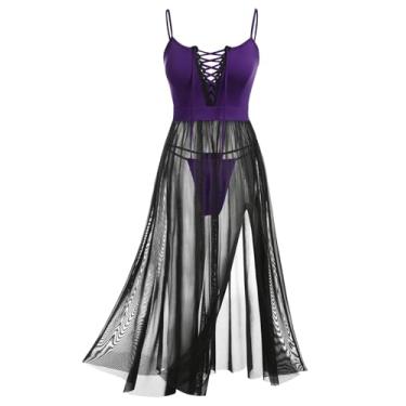 Imagem de ROSE GAL Lingerie feminina plus size da Rosegal, camisola com cadarço, malha transparente, bainha dividida, vestido de noite sexy, Roxa, Large