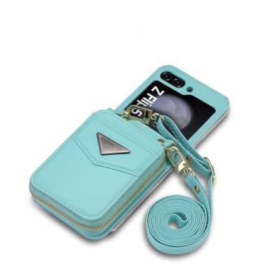Imagem de HJZSZX Para Samsung Z Flip 6 Long Lanyard Couro Zip Wallet Cartão Telefone Case Crossbody Bolsa Capa (Para Samsung Z Flip 6/Azul)
