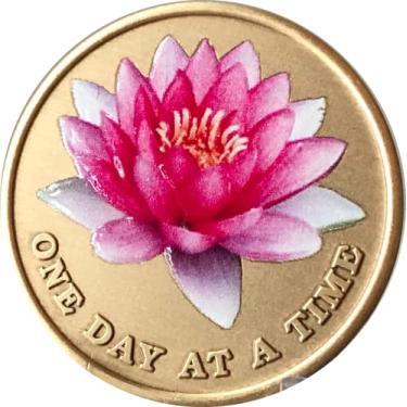 Imagem de Flor de lótus rosa One Day At A Time Serenity Prayer Medalhão Chip