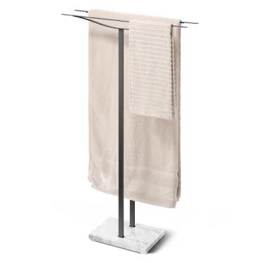 Imagem de Toalheiro de banheiro Suporte de piso autônomo: suporte de toalha de base de mármore ponderado de 2 barras preto 91 cm, rack de secagem de aço inoxidável 304 à prova de ferrugem para toalhas de banho