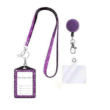 Imagem de Cordão de pescoço de cristal 3 em 1, suporte de crachá de identificação brilhante, suporte de cartão de nome de trabalho com strass retrátil para professores, enfermeiras, médicas (1 roxo)
