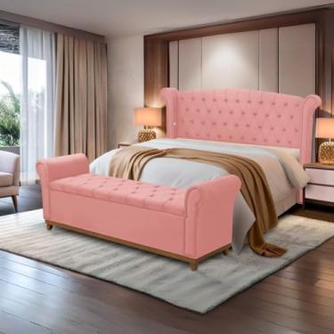 Imagem de Kit Cabeceira e Baú Grécia, Veludo Bege, Estilo Capitonê, 178x140cm, com Revestimento em Veludo e Espuma PRO 30 (Rosa)