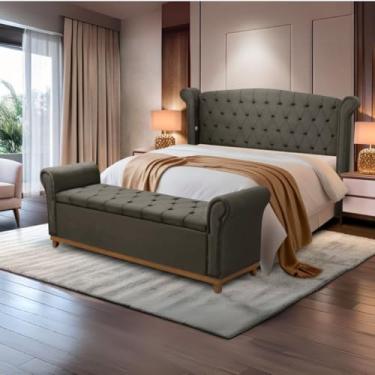 Imagem de Kit Cabeceira e Baú Grécia, Veludo Bege, Estilo Capitonê, 178x140cm, com Revestimento em Veludo e Espuma PRO 30 (Brida)