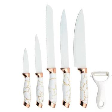 Imagem de Conjunto de 7 Facas de Cozinha em Aço Inoxidável, Branco Mármore - Mas