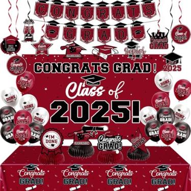 Imagem de Conjunto de decorações de formatura 2025, Congrats Grad Banner Class of 2025 Toalha de mesa balões pendurados espirais flâmulas favo de mel suprimentos de festa completos para celebrações de ensino